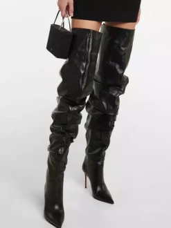 Cuissardes Femmes Chaussures Sexy Plissées Talon Haut Aiguille Bottes En Cuir PU