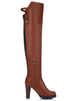 Cuissardes femmes couleur unie bout rond talon épais sur les bottes au genou
