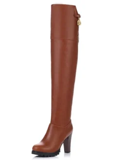 Cuissardes femmes couleur unie bout rond talon épais sur les bottes au genou