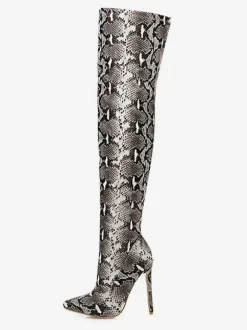 Cuissardes Femme Serpent Imprimé Bout Pointu Talon Aiguille Cuissardes