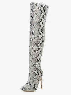 Cuissardes Femme Serpent Imprimé Bout Pointu Talon Aiguille Cuissardes