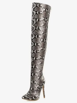 Cuissardes Femme Serpent Imprimé Bout Pointu Talon Aiguille Cuissardes