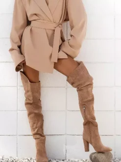 Cuissardes à mollet large pour femmes  bottes hautes en daim à talon épais  cuissardes au-dessus du genou