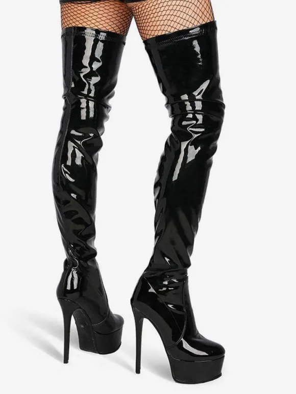 Cuissardes noir bout rond cuir brillant plate-forme bottes d'hiver femmes talon haut cuissardes