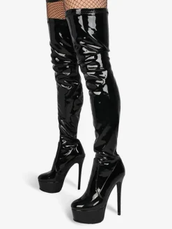 Cuissardes noir bout rond cuir brillant plate-forme bottes d'hiver femmes talon haut cuissardes