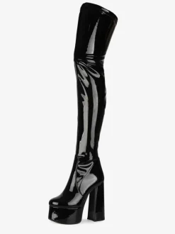 Cuissardes noires bout rond talon épais plateforme à talons hauts bottes d'hiver en cuir brillant pour femmes