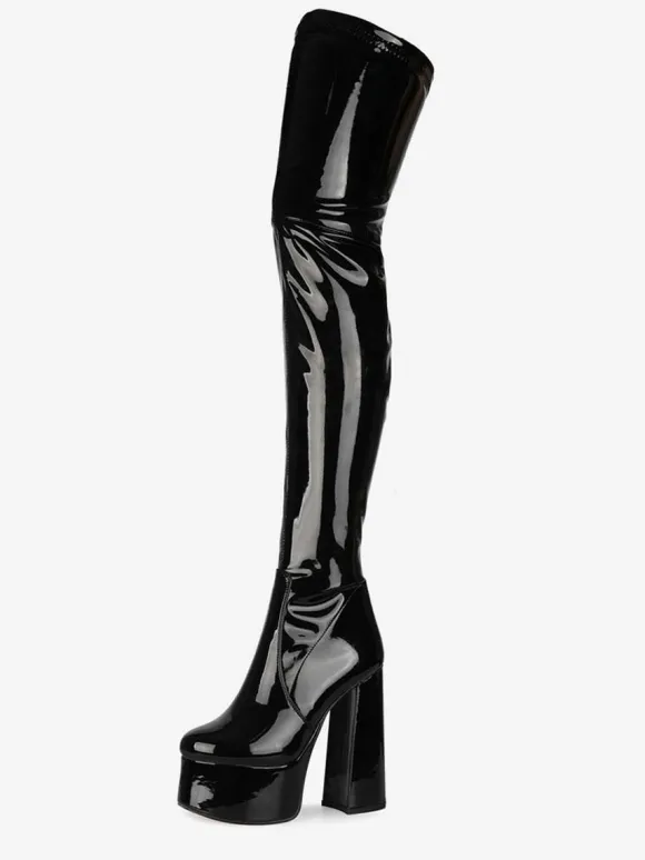 Cuissardes noires bout rond talon épais plateforme à talons hauts bottes d'hiver en cuir brillant pour femmes
