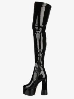 Cuissardes noires bout rond talon épais plateforme à talons hauts bottes d'hiver en cuir brillant pour femmes