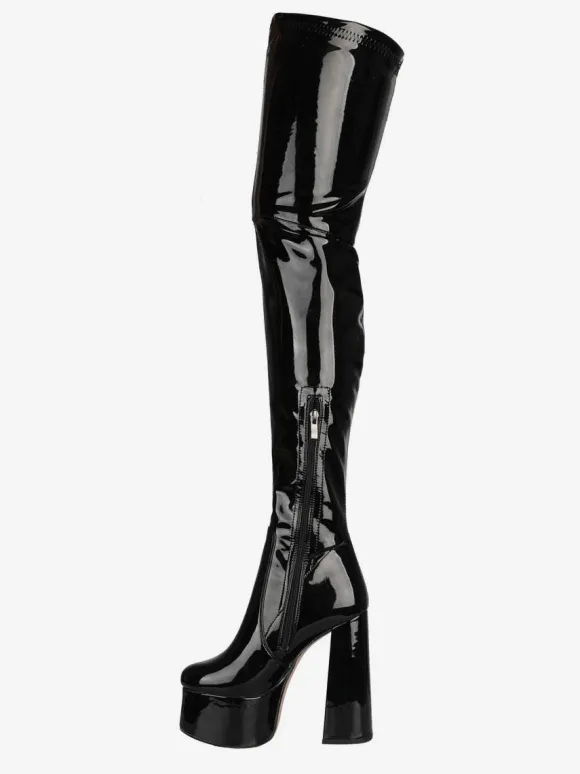 Cuissardes noires bout rond talon épais plateforme à talons hauts bottes d'hiver en cuir brillant pour femmes