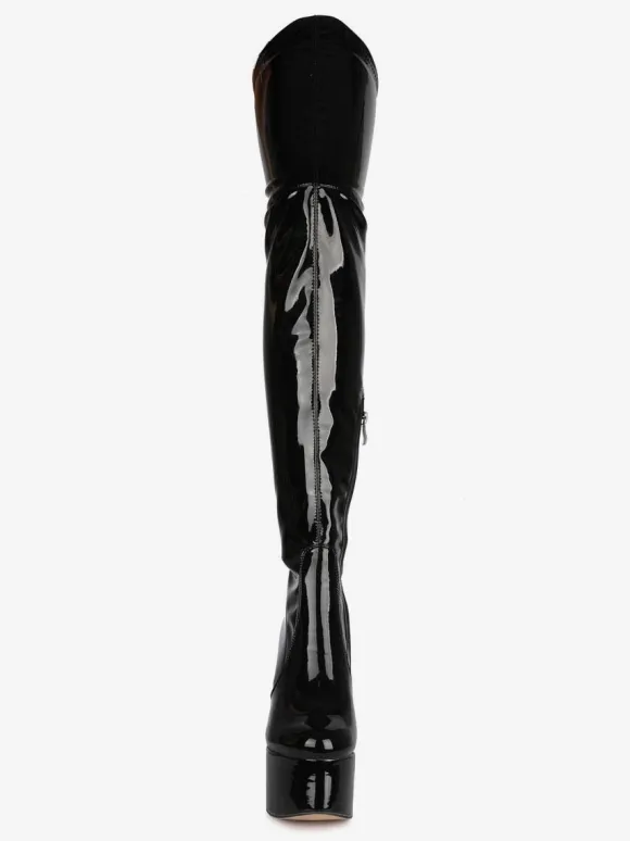 Cuissardes noires bout rond talon épais plateforme à talons hauts bottes d'hiver en cuir brillant pour femmes