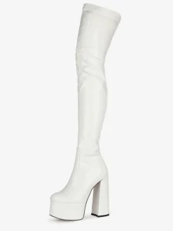 Cuissardes noires bout rond talon épais plateforme à talons hauts bottes d'hiver en cuir brillant pour femmes