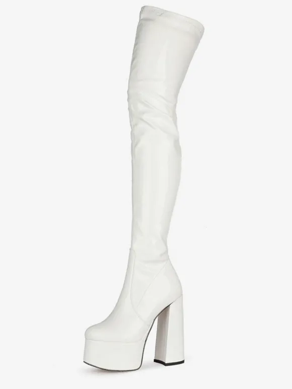 Cuissardes noires bout rond talon épais plateforme à talons hauts bottes d'hiver en cuir brillant pour femmes