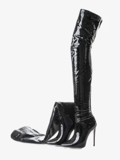 Cuissardes noires pour femmes en cuir verni brillant à bout pointu et talon aiguille au-dessus du genou