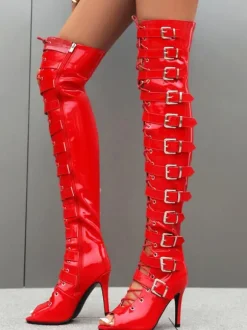 Cuissardes noires sexy avec boucle à bout ouvert et talons hauts à lacets au-dessus du genou