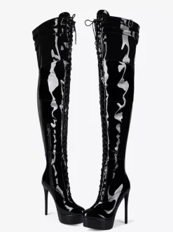 Cuissardes noires sexy à plateforme bout rond lacets talons hauts cuissardes