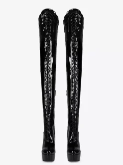 Cuissardes noires sexy à plateforme bout rond lacets talons hauts cuissardes