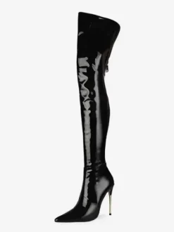 Cuissardes noires à talons hauts pour femmes en cuir brillant