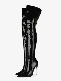 Cuissardes noires à talons hauts pour femmes en cuir brillant