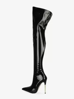 Cuissardes noires à talons hauts pour femmes en cuir brillant