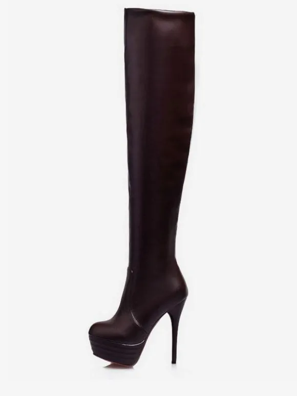 Cuissardes à plateforme Bottes pour femmes Couleur unie Cuir brillant Bout rond Bottes à talon aiguille