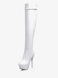 Cuissardes à plateforme Bottes pour femmes Couleur unie Cuir brillant Bout rond Bottes à talon aiguille