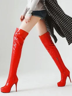 Cuissardes à plateforme pour femme avec bout en amande  talon aiguille en cuir brillant  cuissardes