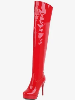 Cuissardes à plateforme pour femme avec bout en amande  talon aiguille en cuir brillant  cuissardes
