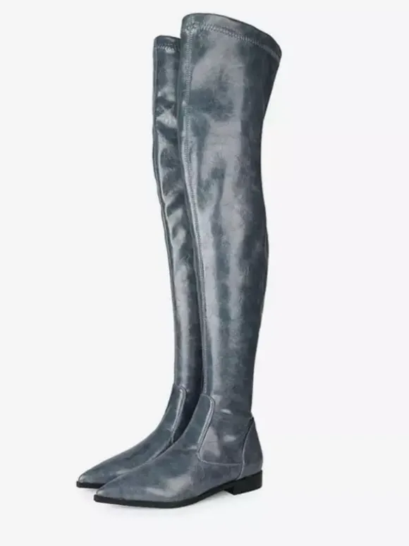 Cuissardes pour femmes Bottes en cuir PU à bout pointu et à talon plat rouge orange