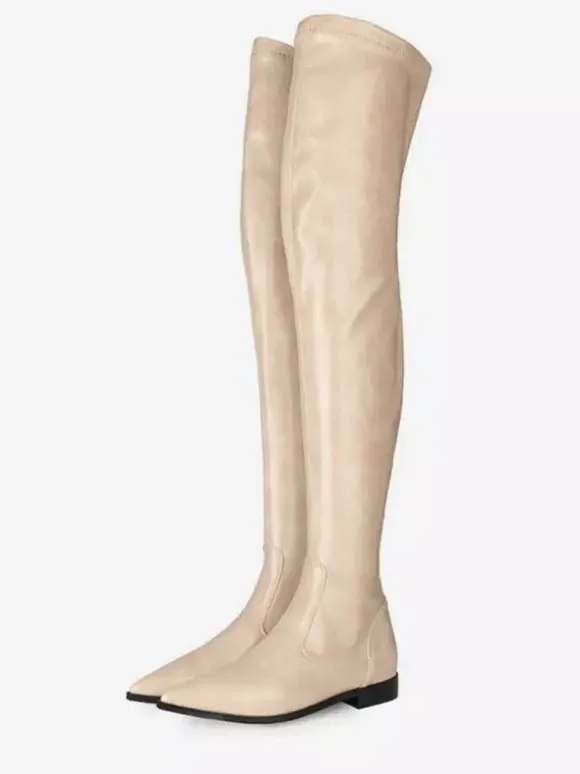 Cuissardes pour femmes Bottes en cuir PU à bout pointu et à talon plat rouge orange