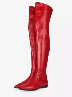 Cuissardes pour femmes Bottes en cuir PU à bout pointu et à talon plat rouge orange