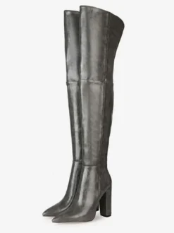 Cuissardes pour femmes Bottes à talons épais en cuir PU à bout pointu noir