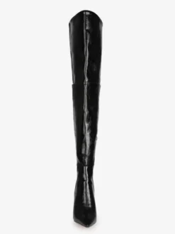 Cuissardes pour femmes Bottes à talons épais en cuir PU à bout pointu noir
