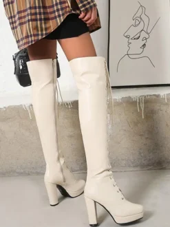 Cuissardes pour femmes Bottes d'hiver en cuir PU noir à bout carré et talon épais