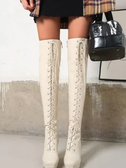 Cuissardes pour femmes Bottes d'hiver en cuir PU noir à bout carré et talon épais