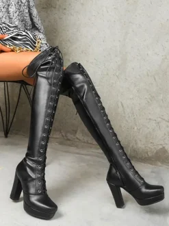Cuissardes pour femmes Bottes d'hiver en cuir PU noir à bout carré et talon épais