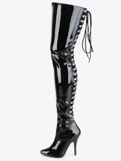 Cuissardes sexy femme noir en cuir synthétique bout pointu talon haut