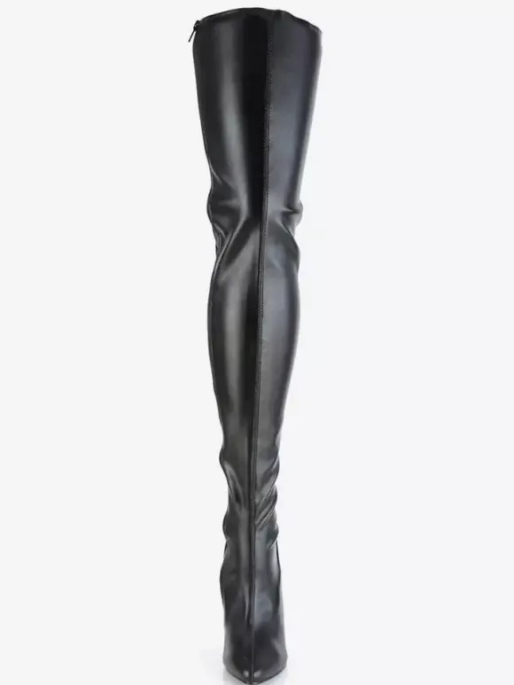Cuissardes sexy femme noir en cuir synthétique bout pointu talon haut