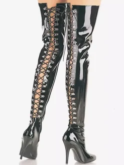 Cuissardes sexy femme noir en cuir synthétique bout pointu talon haut