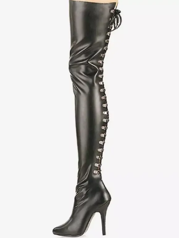 Cuissardes sexy femme noir en cuir synthétique bout pointu talon haut