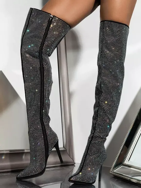 Cuissardes sexy à strass et bout pointu fermeture éclair talons hauts cuissardes