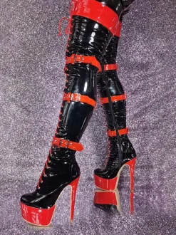 Cuissardes Talon Aiguille Chaussures Femme Sexy Noir Rouge À Lacet