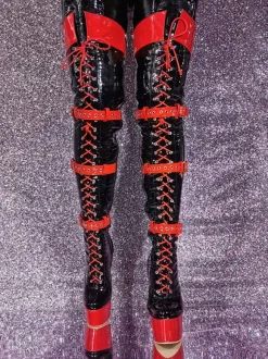 Cuissardes Talon Aiguille Chaussures Femme Sexy Noir Rouge À Lacet
