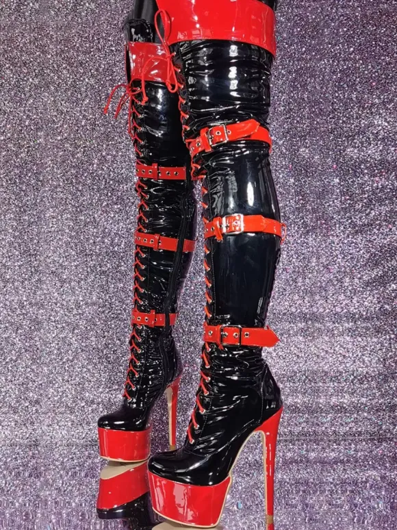 Cuissardes Talon Aiguille Chaussures Femme Sexy Noir Rouge À Lacet