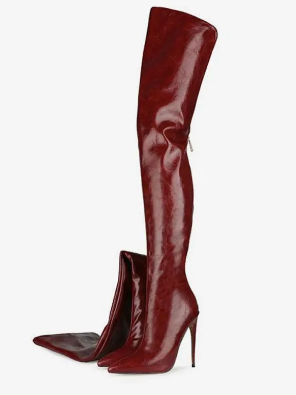 Cuissardes à Talons Hautes Femmes Hiver à Cuir Synthétique Vernis avec Bout Pointu Unicolore Sexy