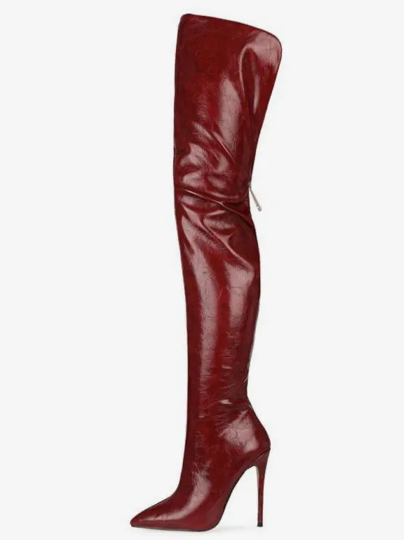 Cuissardes à Talons Hautes Femmes Hiver à Cuir Synthétique Vernis avec Bout Pointu Unicolore Sexy