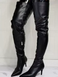 Cuissardes à Talons Hauts Femme avec Bout Pointu à Zip en Cuir Synthétique Unicolore