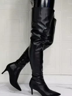Cuissardes à Talons Hauts Femme avec Bout Pointu à Zip en Cuir Synthétique Unicolore