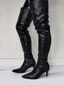 Cuissardes à Talons Hauts Femme avec Bout Pointu à Zip en Cuir Synthétique Unicolore