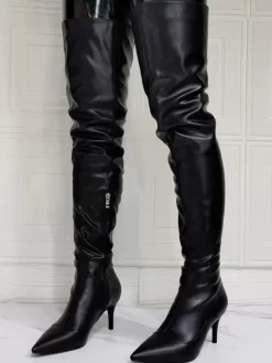 Cuissardes à Talons Hauts Femme avec Bout Pointu à Zip en Cuir Synthétique Unicolore