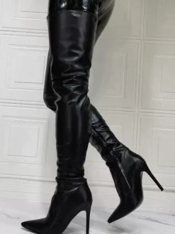 Cuissardes à Talons Hauts Femme avec Bout Pointu à Zip en Cuir Synthétique Unicolore